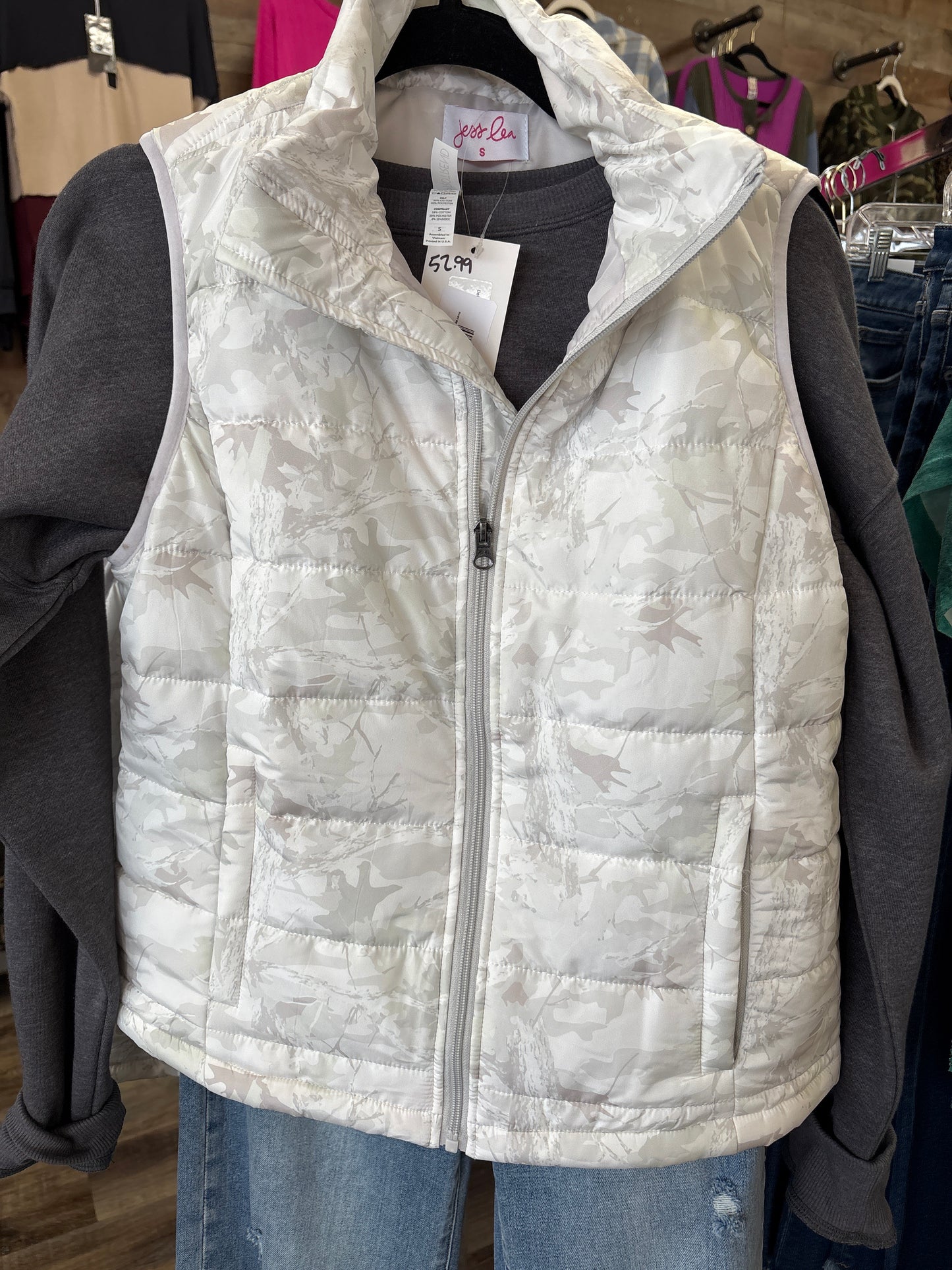 White camo puffer vest