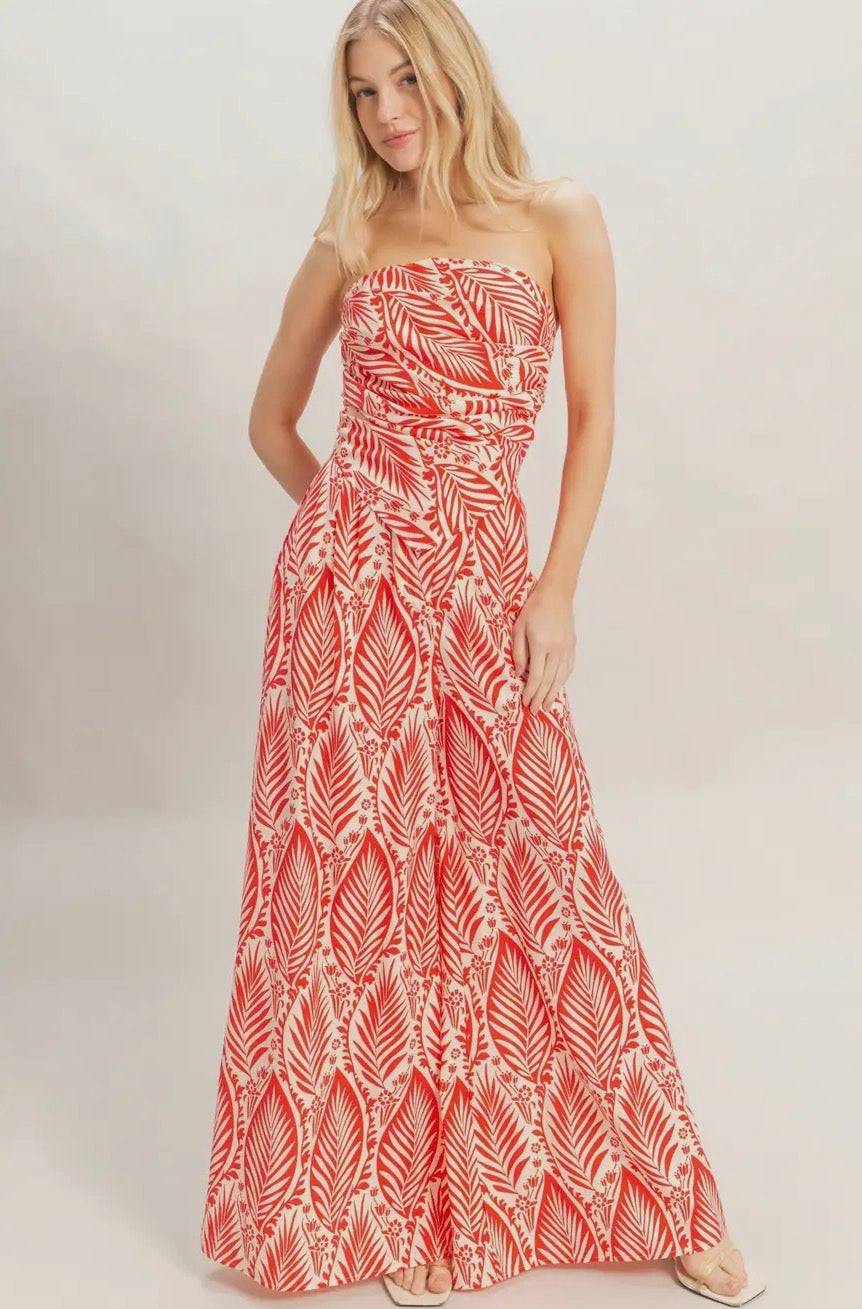 Red strapless top with wide leg pant set