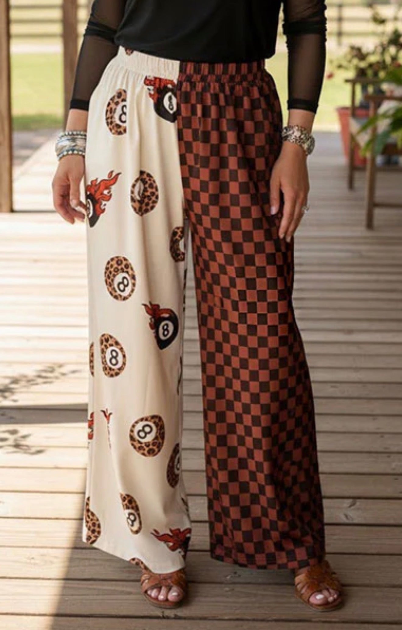 8 ball & leopard western wide leg pants