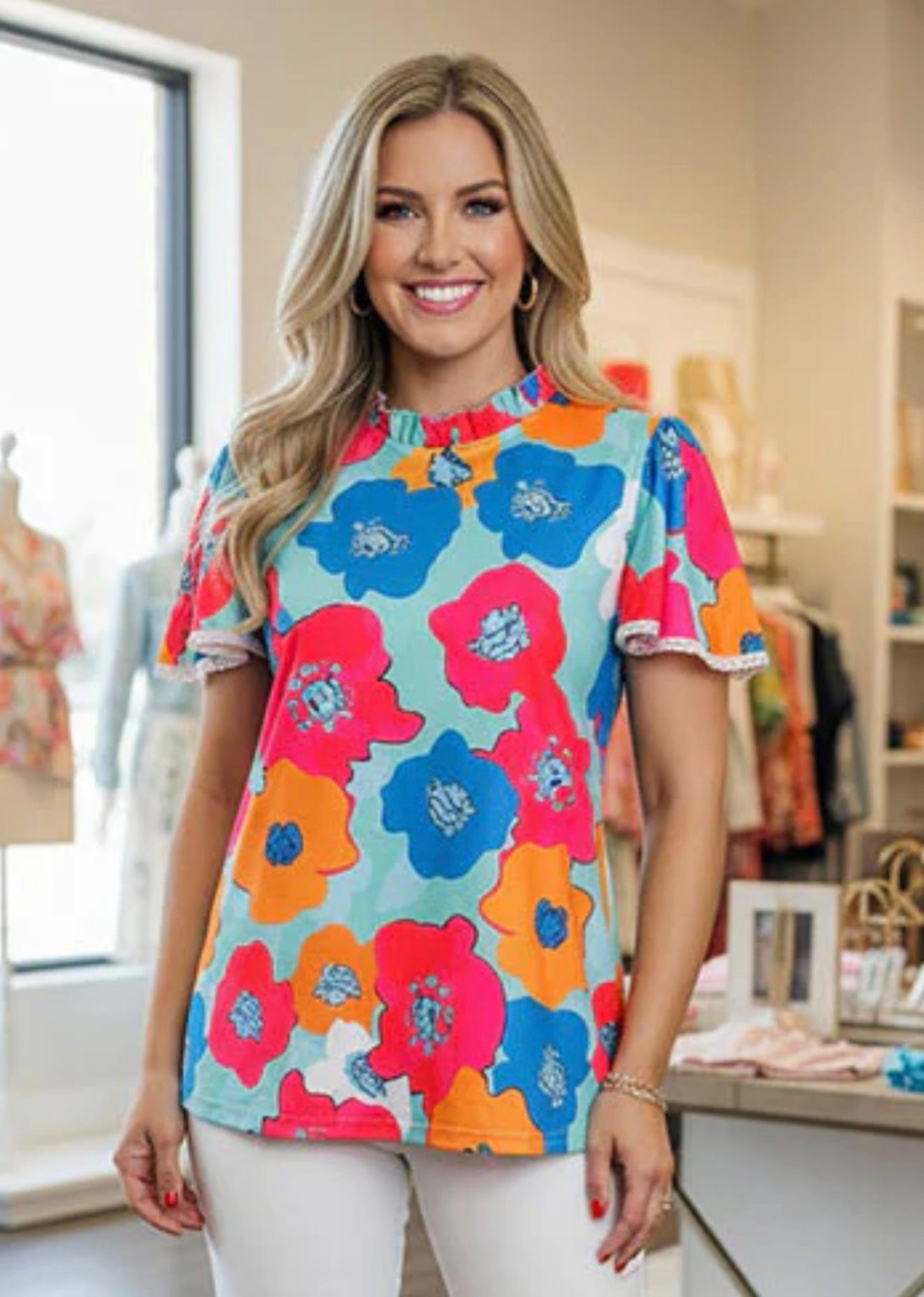 Trendy floral print lace trim bell sleeve