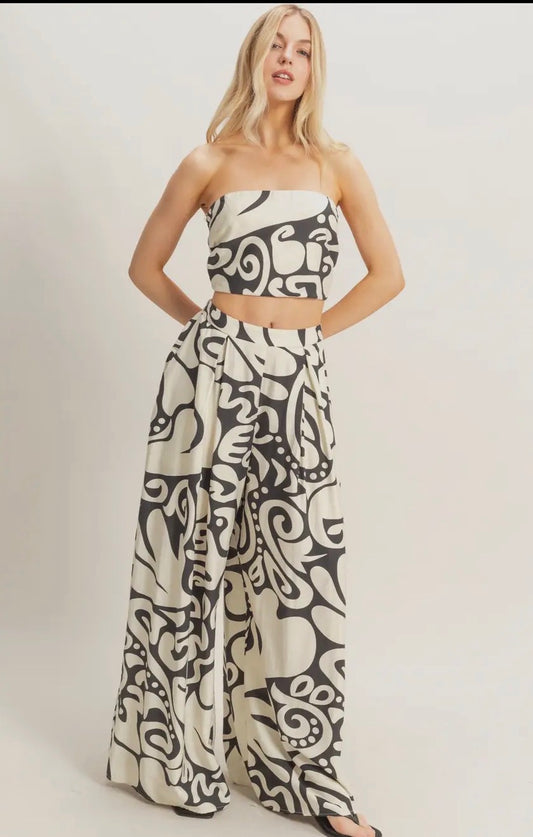 Strapless top with wide leg pant set