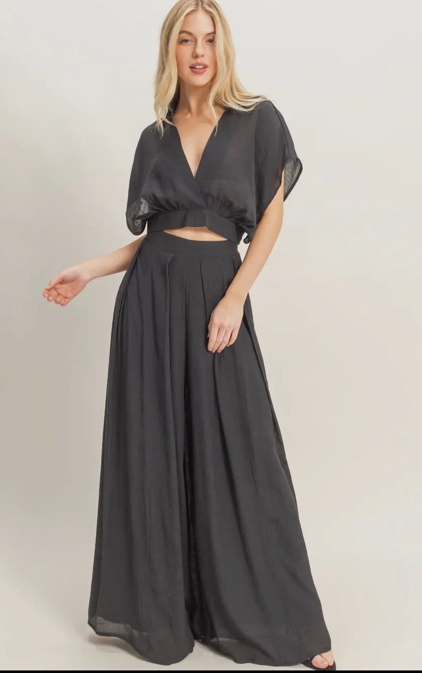 Collared Wrap Top with wide leg pant set